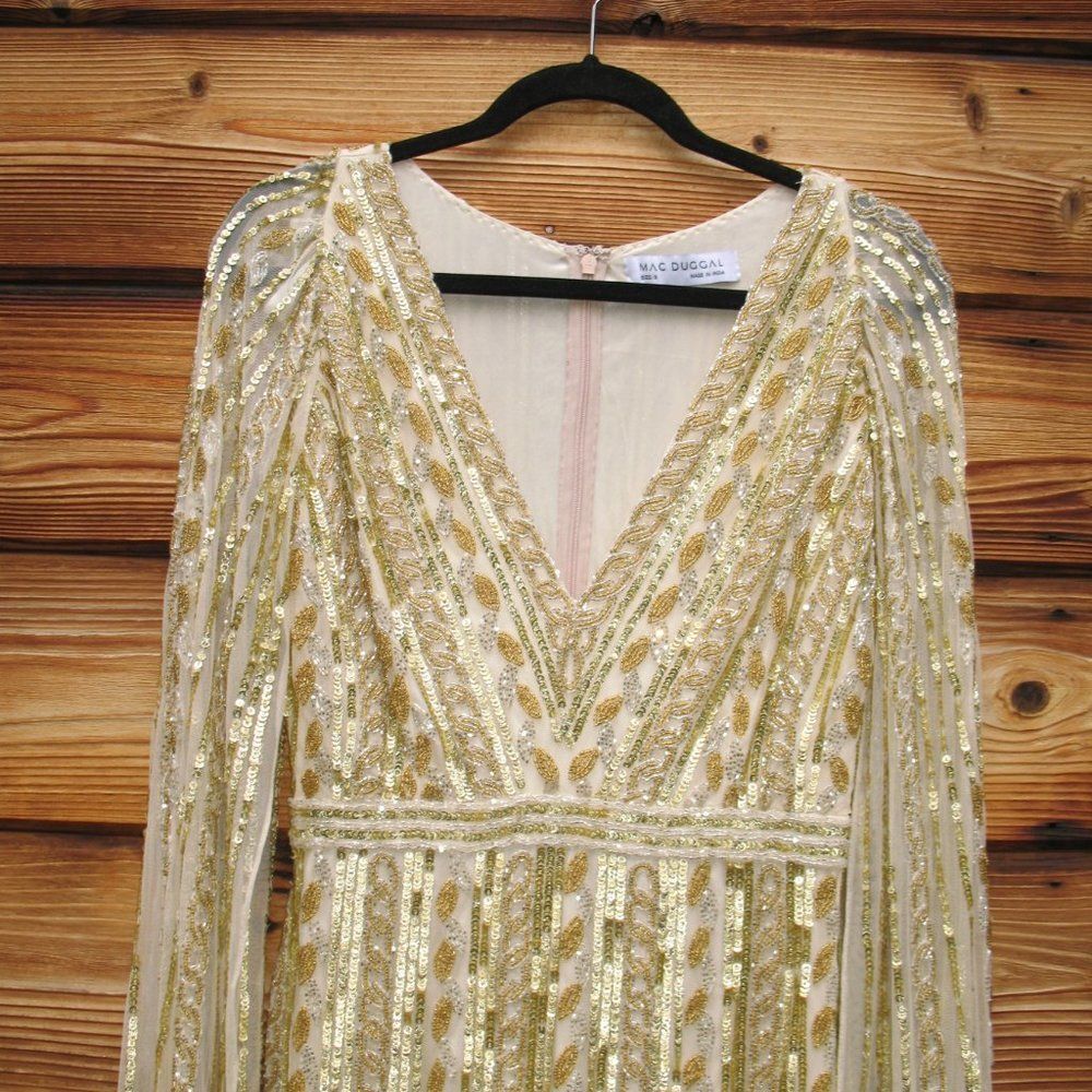 NWT Mac Duggal 5915 SEQUINED V-NECK GOWN Dress WITH CAPE SLEEVES Nude Silver 8 - Picture 7 of 15